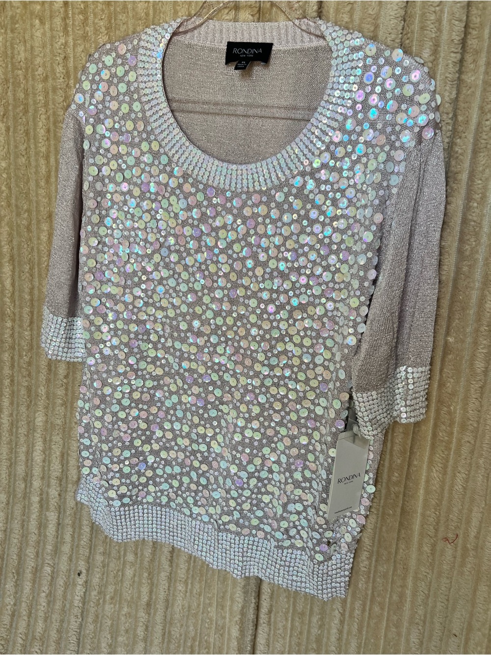 Rondina Iridescent Sequin Short-Sleeve Top in Cream